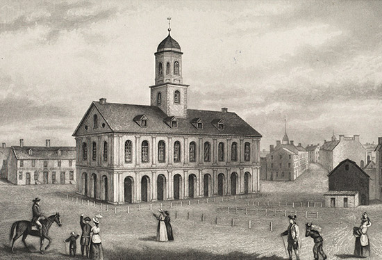 Ilustracin del mercado Faneuil Hall de 1775 en Boston